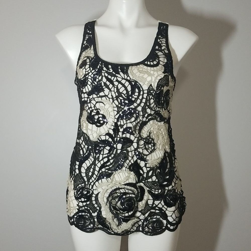 Express Black Cream Lace Sequin Tank Top XS Gold Accents Holiday Party Boho